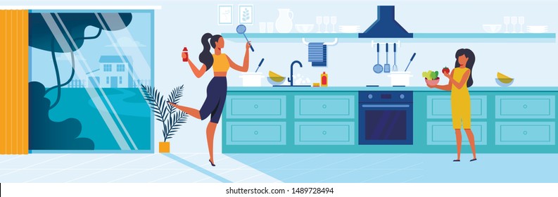 Girls Cooking Together Flat Vector Illustration. Mother and Daughter Cartoon Characters. Young Woman and Girl Making Delicious Salad, Vegetarian Meal Culinary Training, Parent Teaching Child