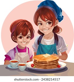 Girls cooks with pancakes and cups of tea