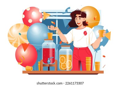 Girls at corporate party nearby table with drinks, vector illustration. Celebratory setting, with juice-like drinks and festive balloons.