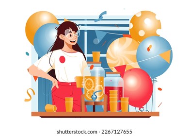 Girls at corporate party nearby table with drinks, vector illustration. Celebratory setting, with juice-like drinks and festive balloons.