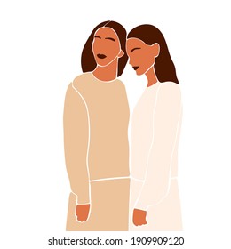 Girls couple. Abstract boho girl illustration for design bridal shower t shirt print, valentine day greetin card, womans right poster, girls sisterhood and empowerment card etc.