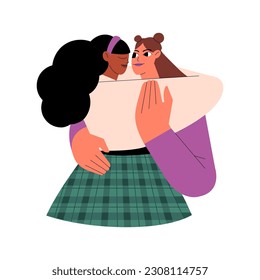 Girls couple hugging. Happy girlfriends in love, embracing. Interracial lesbian women in romantic relationship. Affection concept. Flat graphic vector illustration isolated on white background