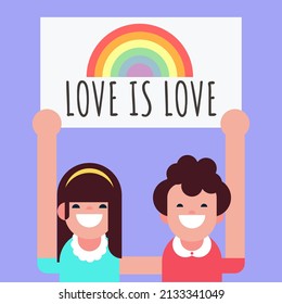 Girls couple love holding lgbt posters. People crowd with rainbow, gender signs , lgbtq community, pride month. Gay parade placards vector illustration banner template