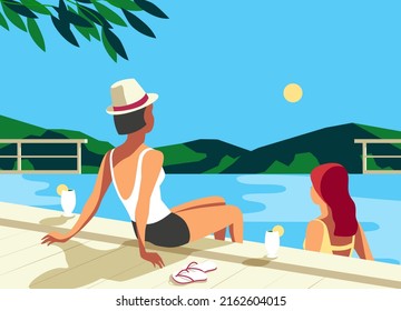 Girls couple rest in tourist resort swimming pool vector. Moutains scenic view background. Holiday vacation season travel leisure cartoon. Females rest in summer recreation hotel poolside illustration