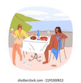 Girls couple at table of seaside beach cafe on vacation. Women eating pizza, drinking, relaxing on sea coast, summer holiday resort. Flat graphic vector illustration isolated on white background