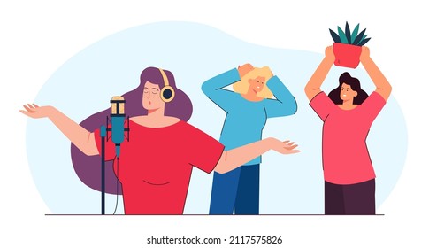 Girls covering ears from awful singing of friend. Singer in headphones singing loudly at microphone flat vector illustration. Hobby, music concept for banner, website design or landing web page