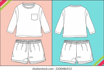 GIRLS CREW NECK, FULL SLEEVE TOP AND BOTTOM SHORTS, FRONT AND BACK VIEW SHORTS TECHNICAL FASHION FLAT SKETCH