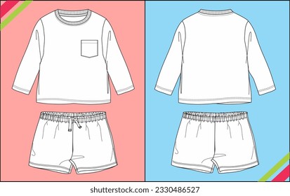 GIRLS CREW NECK, FULL SLEEVE TOP AND BOTTOM SHORTS, FORNT POCKET, FRONT AND BACK VIEW TECHNICAL FASHION FLAT SKETCH