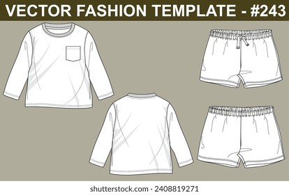 GIRLS CREW NECK, FULL SLEEVE TOP AND BOTTOM SHORTS, FORNT POCKET, FRONT AND BACK VIEW TECHNICAL FASHION FLAT SKETCH