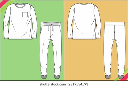 GIRLS CREW NECK AND JOGGER TEE FLAT SKETCH FASHION TEMPLATE TECHNICAL ILLUSTRATION