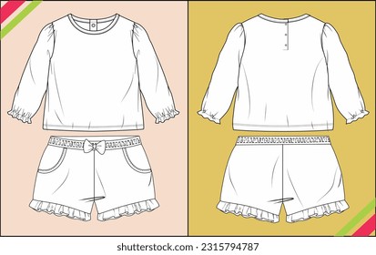 MÄDCHEN ERHÖHEN SCHLAFEN LANGE SCHLAFZEIT UND KÖRPERSCHNITTE DRESS SET TECHNISCHE FASHION FLAT SKETCH