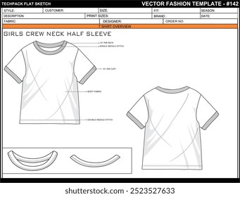  GIRLS CREW NECK T SHIRT FLAT SKETCH FASHION TEMPLATE TECHNICAL ILLUSTRATION