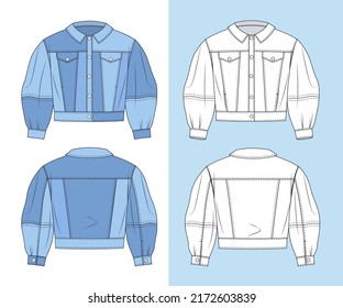 Girl`s Crop Denim Jacket Fashion  Flat Sketch Template. Unisex Blue Denim Jacket Fashion Concept Set.