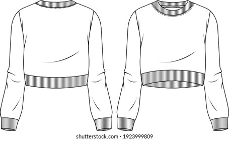 Mädchen Crop Sweatshirt Mode flach Sketch Vorlage. Technische Modeillustration. Rib Crew Neck, Cuffs und Bänder.