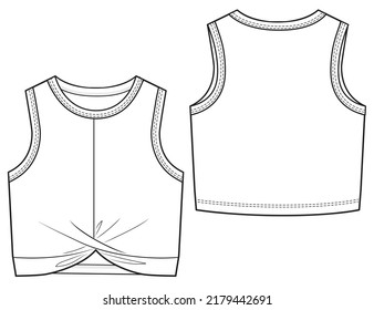 Girls Crop Twisted Tank Top Fashion Technical Flat Sketch Mock Up Cad Design