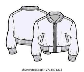 Mädchen zugeschnitten Bomber Jacke technische Zeichnung Vektor Mockup-Vorlage.