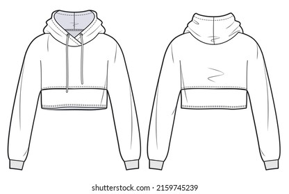 Girl's cropped Hoodie design fashion flat sketch template. Unisex oversize crop Hoodie sweat with long sleeves techical drawing template. Sweatshirt fashion cad.