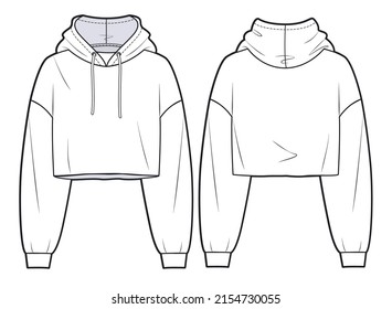 Girl's cropped Sweatshirt design fashion flat sketch template. Oversize crop Hoodie sweat with long sleeves techical drawing template. Hoodie fashion cad.