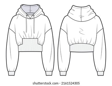 Girl's cropped Sweatshirt design fashion flat sketch template. Oversize crop Hoodie sweat with long sleeves, rib waistband, techical drawing template. Hoodie fashion cad.