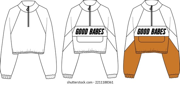 Girl's cropped Sweatshirt design fashion flat sketch template. Oversize crop Hoodie sweat with long sleeves techical drawing template. Hoodie fashion cad.