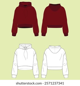 Girl's cropped Sweatshirt design fashion flat sketch template. Oversize crop Hoodie sweat with long sleeves technical drawing template. Hoodie fashion cad.
