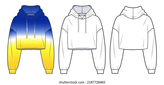 Girl's cropped Sweatshirt fashion design, yellow and blue. Oversize crop Hoodie sweat with long sleeves techical drawing template. Hoodie fashion CAD mockup.