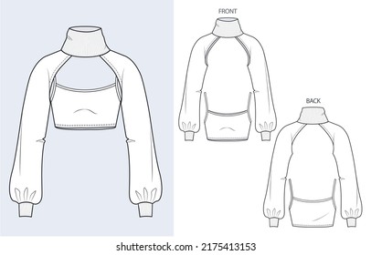 Girl's cropped Sweatshirt, Tank Top design fashion flat sketch template. Sweatshirt with rib collar, Crop Tank Top fashion cad mockup set, front and back view, white.