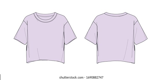 Girl's cropped top design, short sleeve, purple color, flat sketch, front and back views