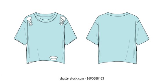 Girl's cropped top design, short sleeve, raw edge hem, with cuts, blue sky color, flat sketch, front and back views