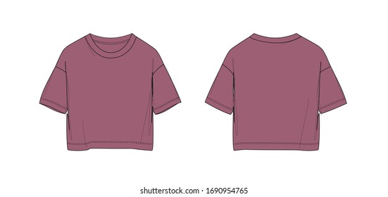 Girl's cropped top design, short sleeve, round neck, maroon color, flat sketch, front and back views