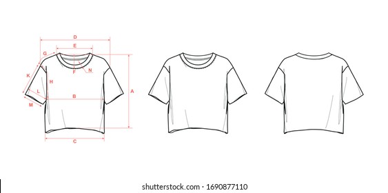 Girl's cropped t-shirt, short sleeve, raw edge hem, flat sketch, front and back views, with measurements