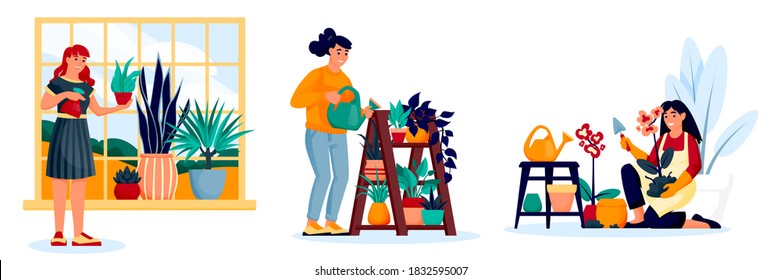 Girls cultivate and water flowers, home potted plants. Women characters set isolated on white background. Vector illustration. Home plants care, gardening hobby and cozy domestic life concept