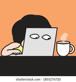 Girl's Curious Eyes On Laptop Looking At A Cup Of Coffee On An Office Desk Concept Card Character illustration