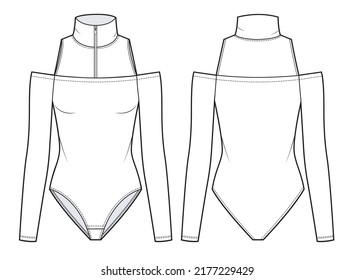 Girl's cutouts Bodysuit fashion flat technical drawing template. Long Sleeve zipper up Bodysuit  fashion Cad, front and back view, white, mockup.