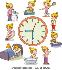 Girls daily routine. Dial clock with different activities scenes. Little child sleeping and eating breakfast. Hygiene and studying. Time to training or reading. Splendid