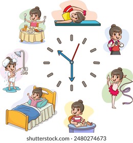 Girls daily routine. Dial clock with different activities scenes. Little child sleeping and eating breakfast. Hygiene and studying. Time to training or reading. Splendid