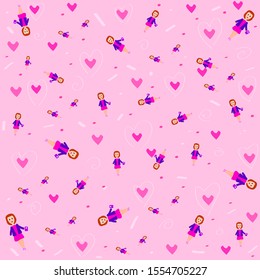 Girls dance with pink hearts .