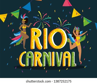 girls dancer with costume and fireworks to rio carnival