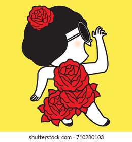 Girls Dancer In Flower Rose Flamenco Dress Doing A Spanish Dance Concept Card Character illustration