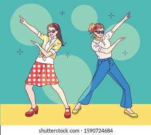 Girls dancing in funny poses. hand drawn style vector design illustrations. 