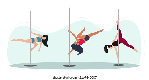 Girls dancing on pylon. Pole dance girl vector set fitness sexy pose stripper posing and dancing illustration isolated on white background