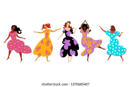 the girls are dancing. set of vector images with girls of different races