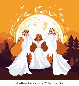 Girls dancing in sunset, Ligo Latvian traditional holiday, Solstice, midsummer night, vector illustration