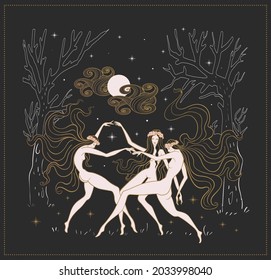 girls dancing under the full moon, occult, rituals