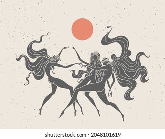 girls dancing under the sun, silhouette tattoo, occult, rituals