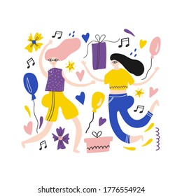 Girls dansing. Women have fun on party. Hand drawn colorful flat doodle vector illustration for banner poster postcard
