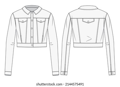 Girls Denim Jacket fashion flat sketch template. Women Crop Jacket fashion design. Denim Jacket Outer fashion flat drawing template. 