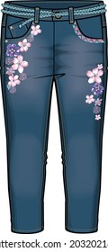 GIRLS DENIM JEANS PANT WITH BELT AND EMBROIDERY VECTOR