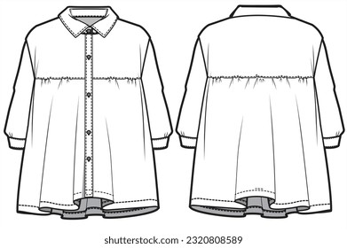 Girls Denim Shirt Dress, Collared Empire Line Gathered Button Down Shirt Dress Fashion Flat Sketch Vector Illustration, CAD, Technical Drawing, Flat Drawing, Template, Mockup.