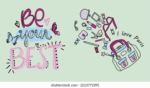 Girls Design. A collection of Girls wants and needs plus their hobbies. Editable colors and vector curves.  For your t-shirts, stickers or cover designs. Hope you like it. 